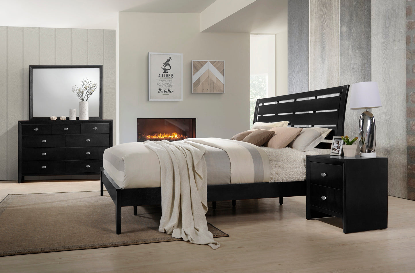 Gloria Black Finish Wood Bed Room Collection