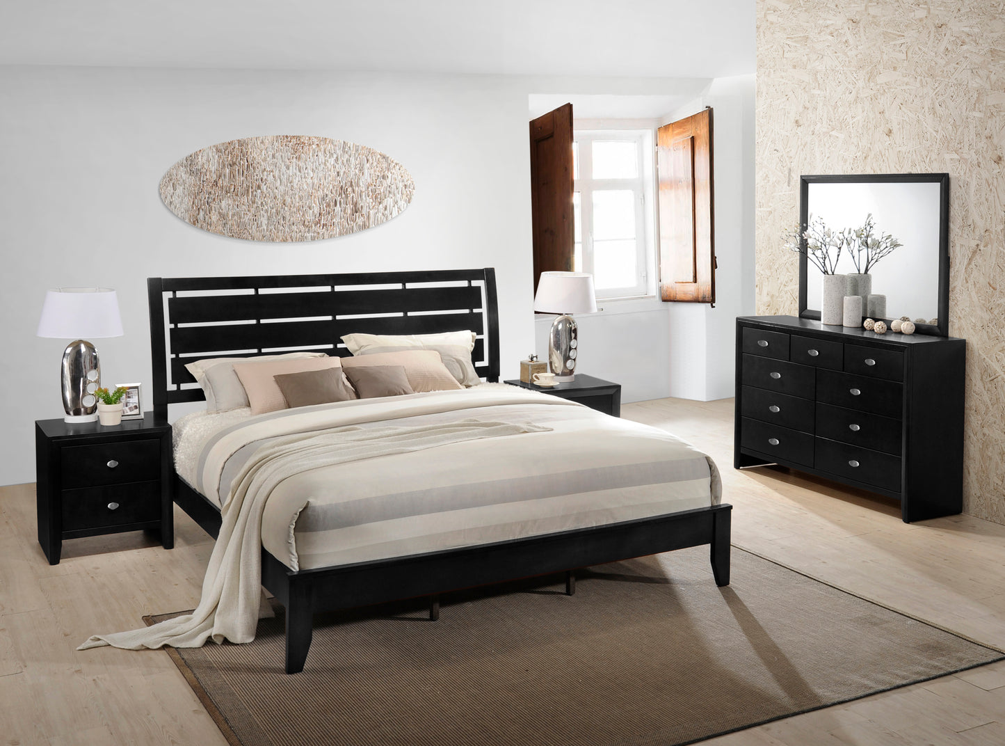 Gloria Black Finish Wood Bed Room Collection