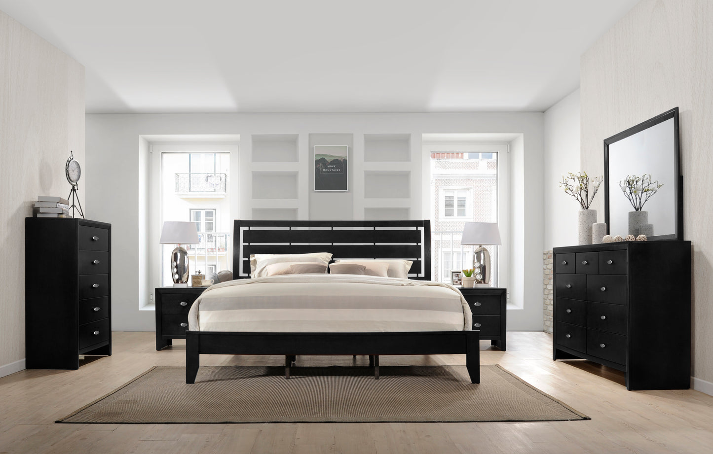 Gloria Black Finish Wood Bed Room Collection