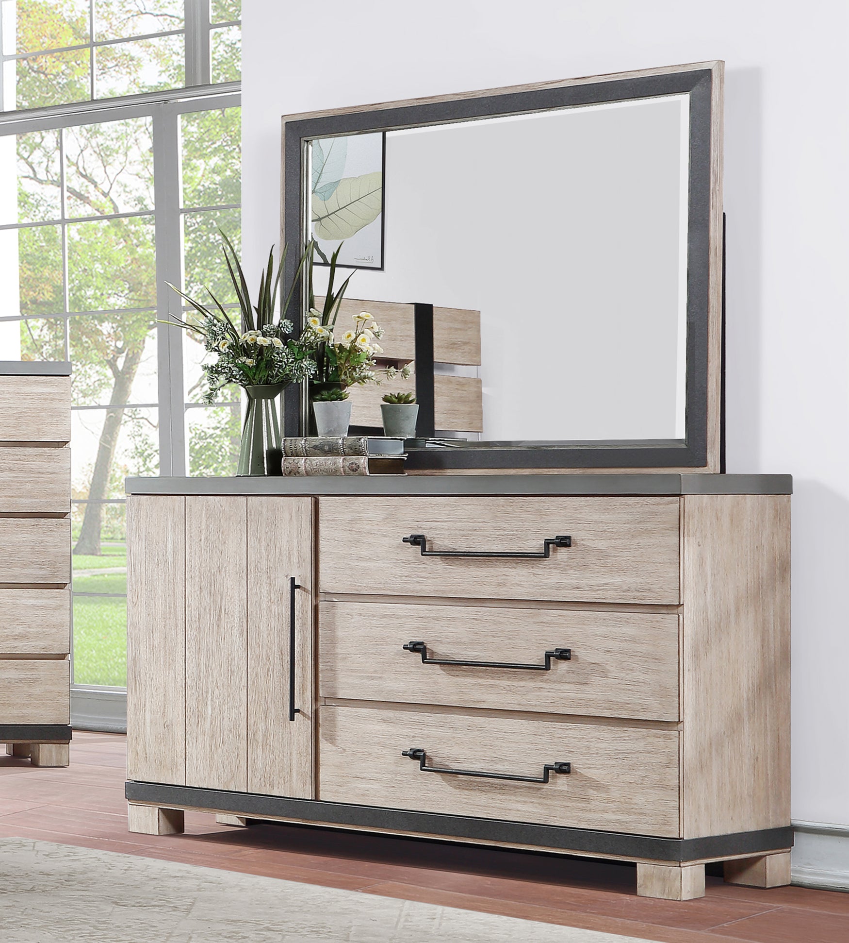 dresser and vanity combo Arbela Wood 3-Drawer Combo Dresser with Mirror, Weathered Oak Finish – Roundhill Furniture