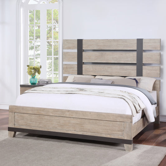 Arbela Wood Slatted Panel Bed, Weathered Oak Finish