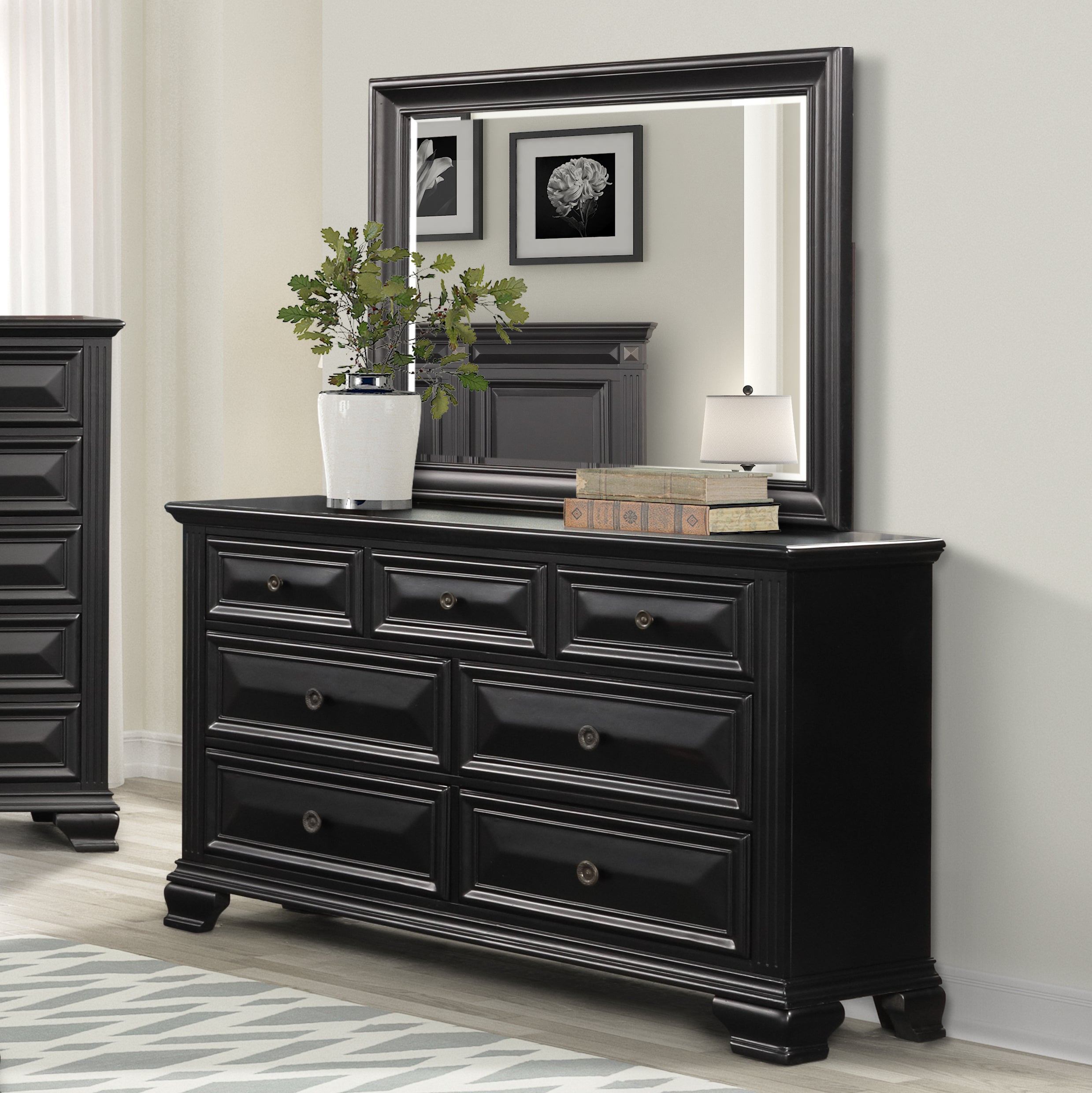 Renova Vintage Black 7-Drawer Dresser with Mirror Roundhill Furniture Renova Vintage Black 7-Drawer Dresser with Mirror Roundhill Furniture