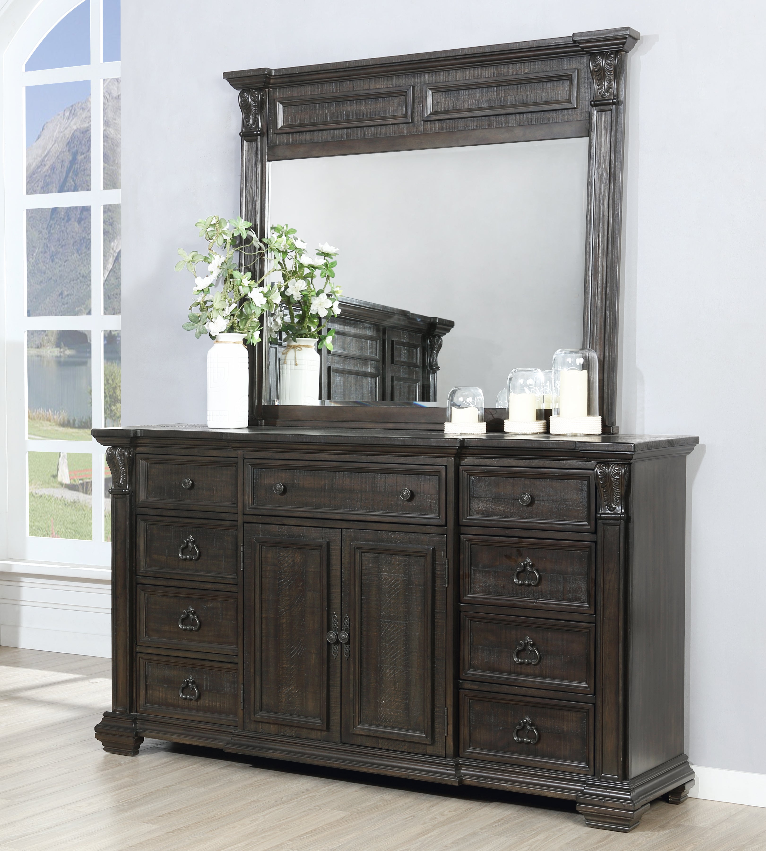 Farson Distressed Dark Walnut Finish Wood Dresser Mirror with Door Roundhill Furniture Farson Distressed Dark Walnut Finish Wood Dresser Mirror with Door Roundhill Furniture