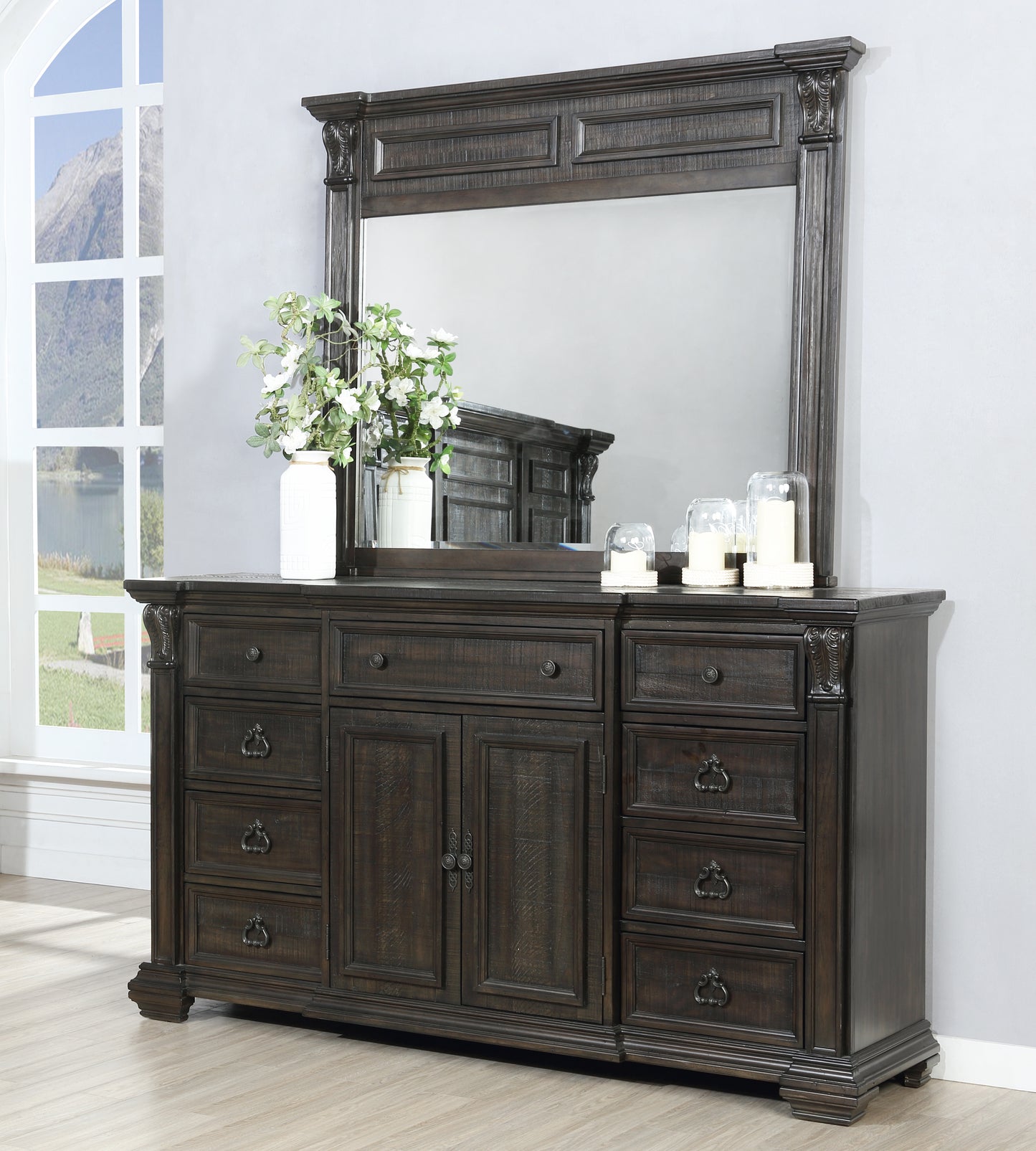 Farson Distressed Dark Walnut Finish Wood Dresser Mirror with Door