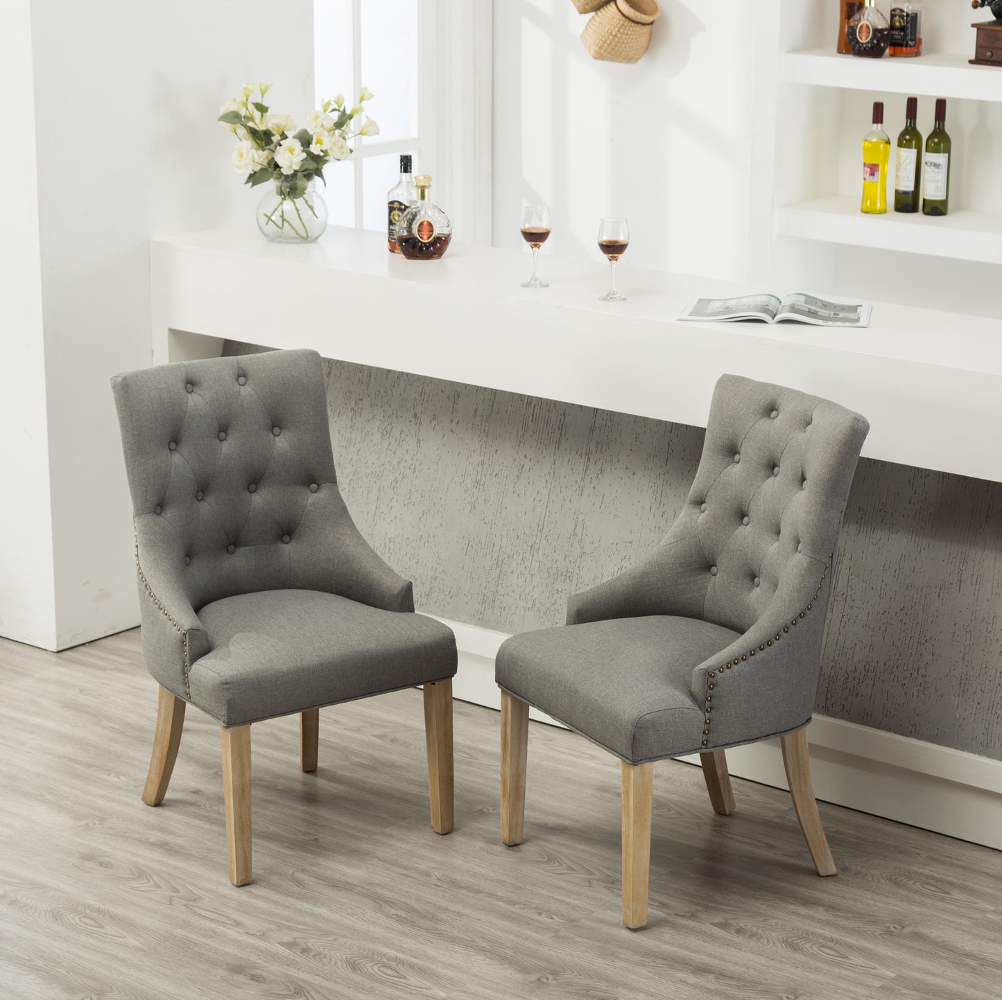 Grey Button Tufted Solid Wood Wingback Hostess Chairs with Nail Heads Set of 2