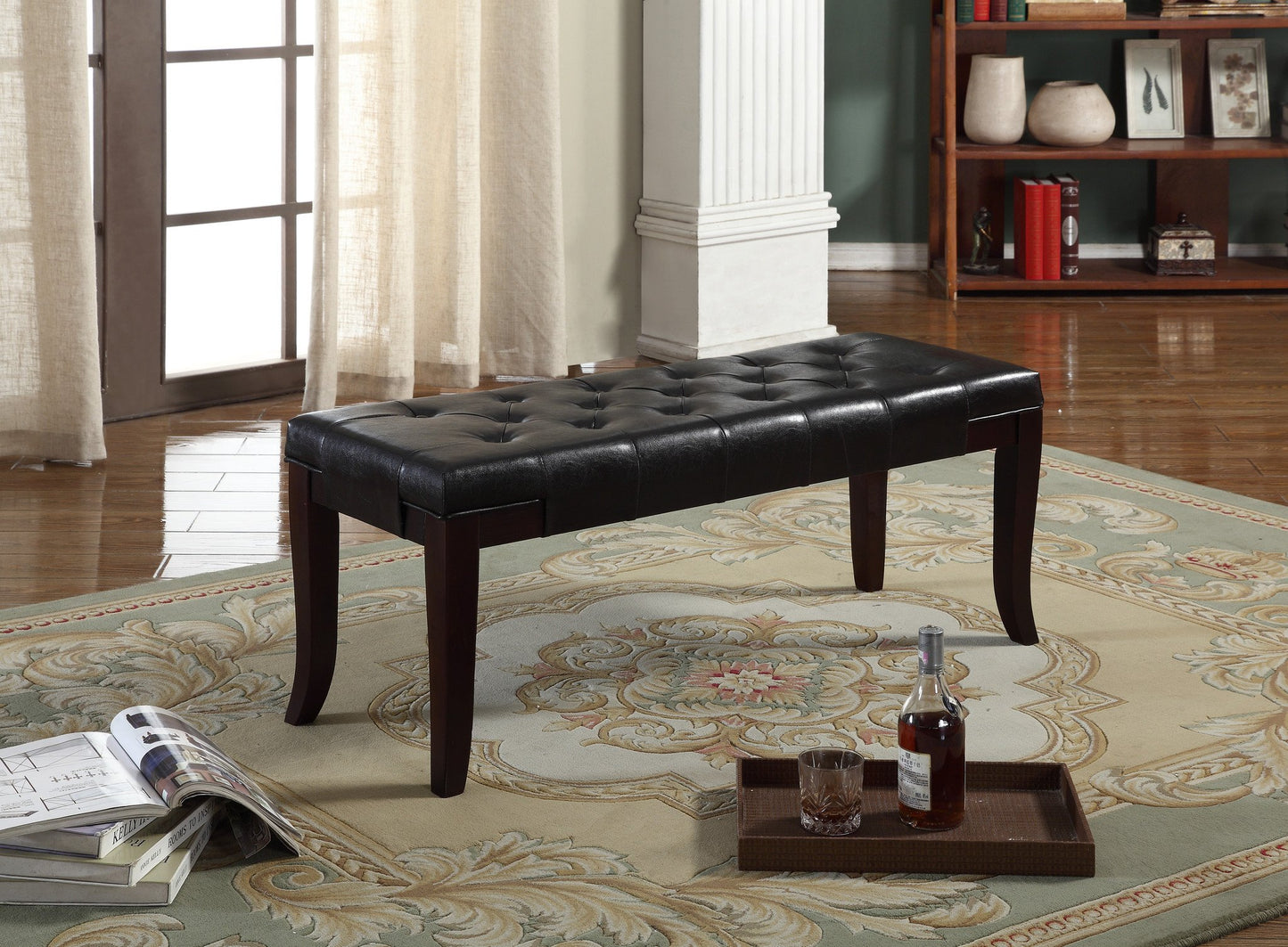 Linon Espresso Leather Tufted Ottoman Bench