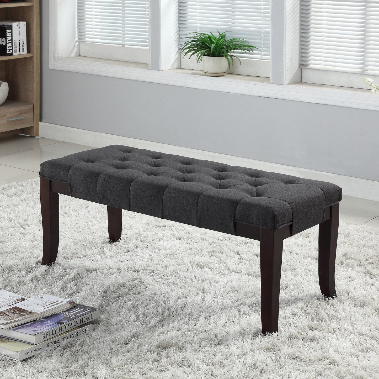 Linon Grey Fabric Tufted Ottoman Bench