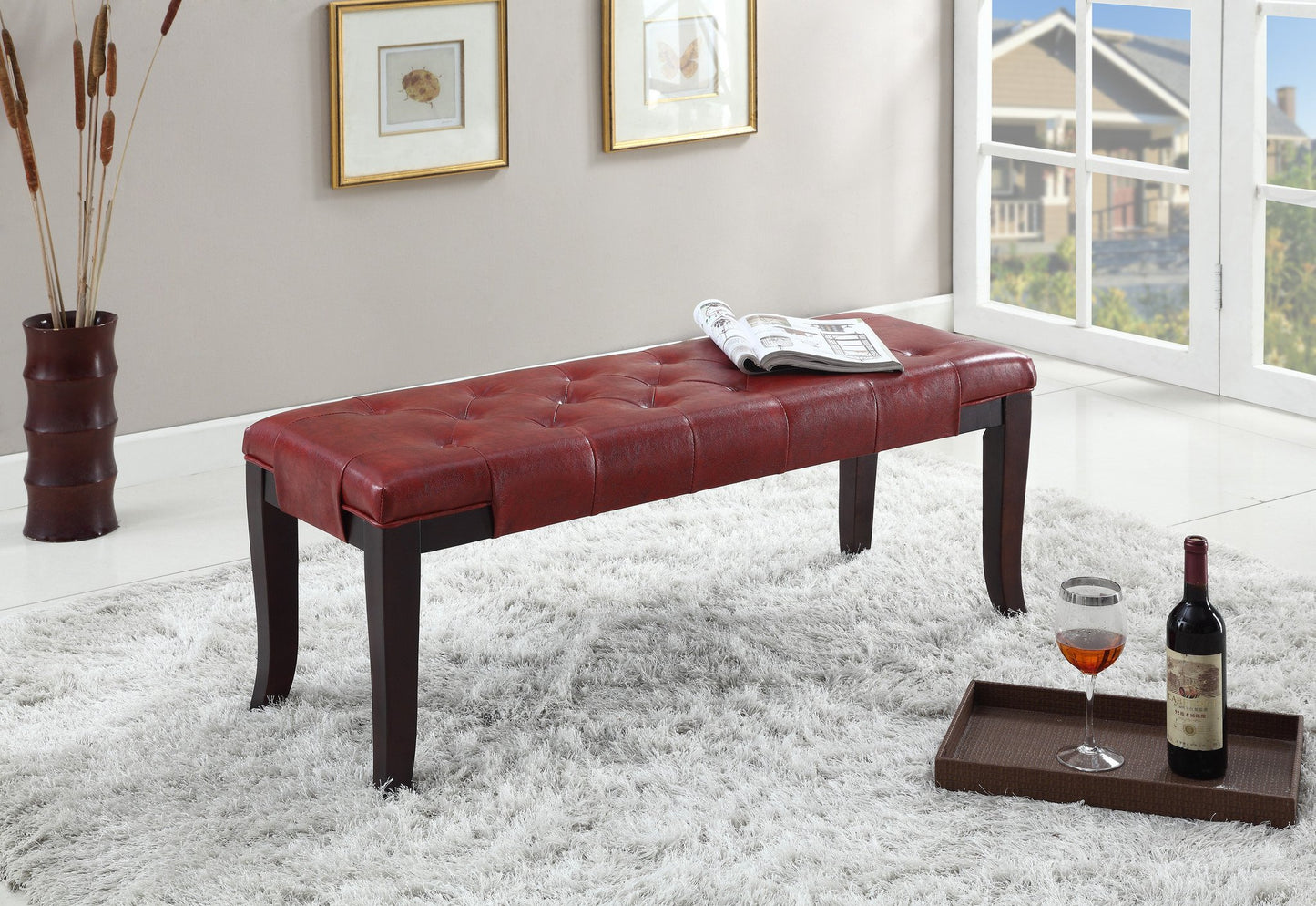 Linon Red Leather Tufted Ottoman Bench