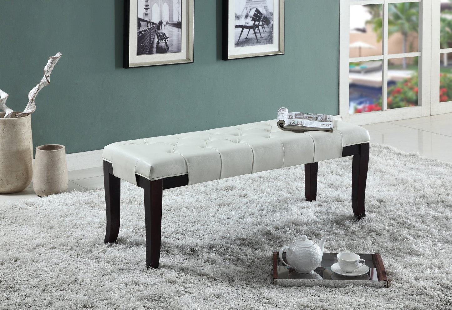 Linon White Leather Tufted Ottoman Bench