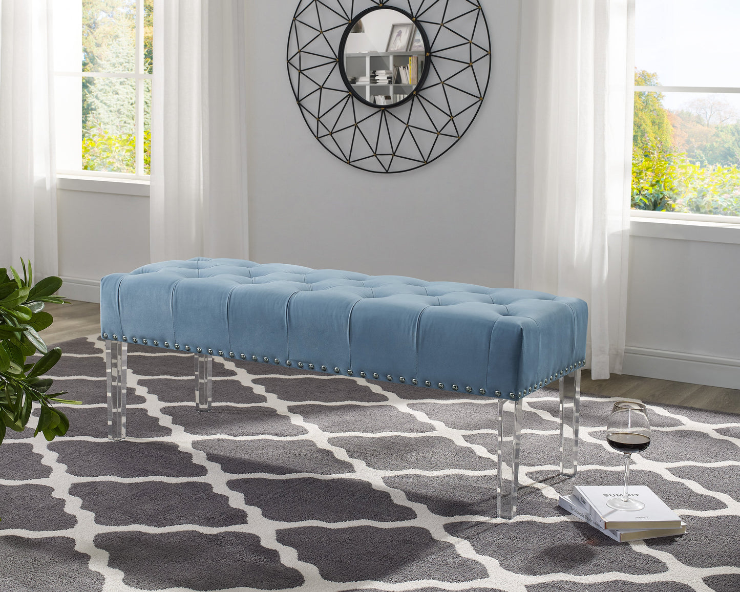 Valley Button tufted Velvet Upholstered Bench With Acrylic Leg