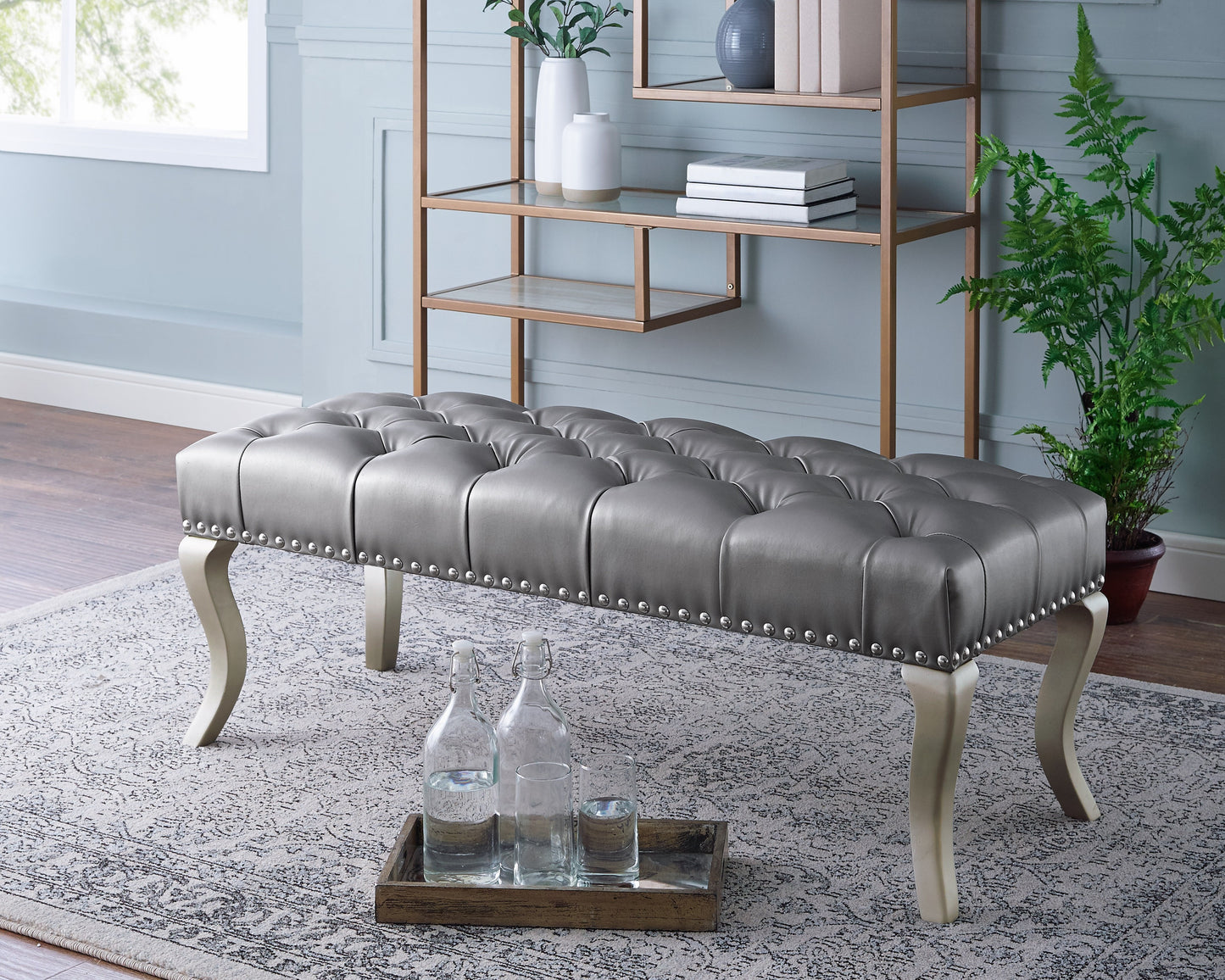 Decor Maxem Tufted Faux Leather Upholstered Seat with Nailhead Trim Bench