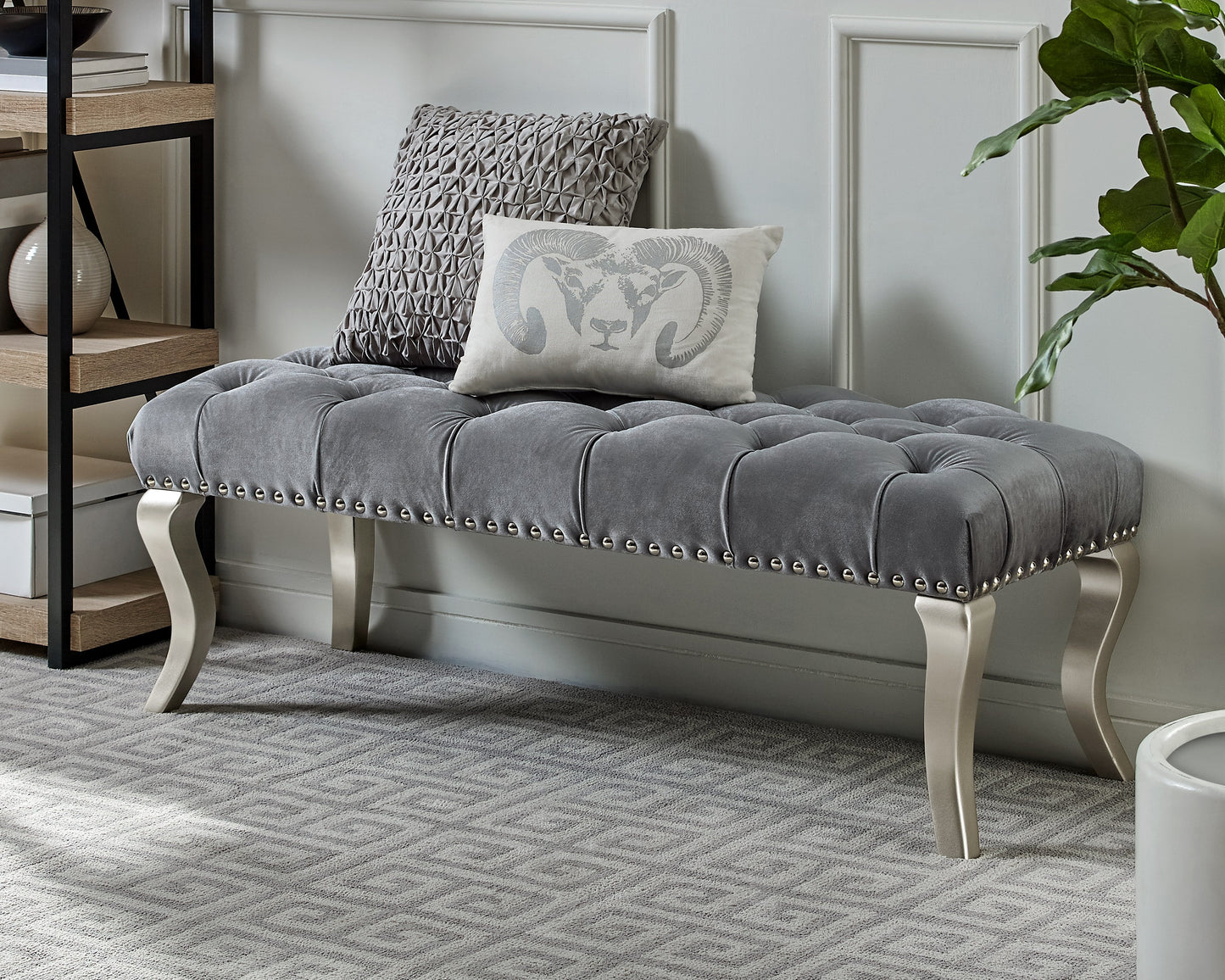Decor Maxem Tufted Fabric Upholstered Seat with Nailhead Trim Bench, Gray