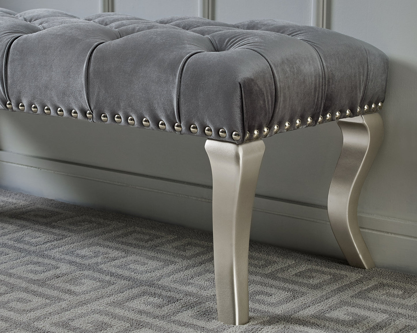 Decor Maxem Tufted Fabric Upholstered Seat with Nailhead Trim Bench, Gray