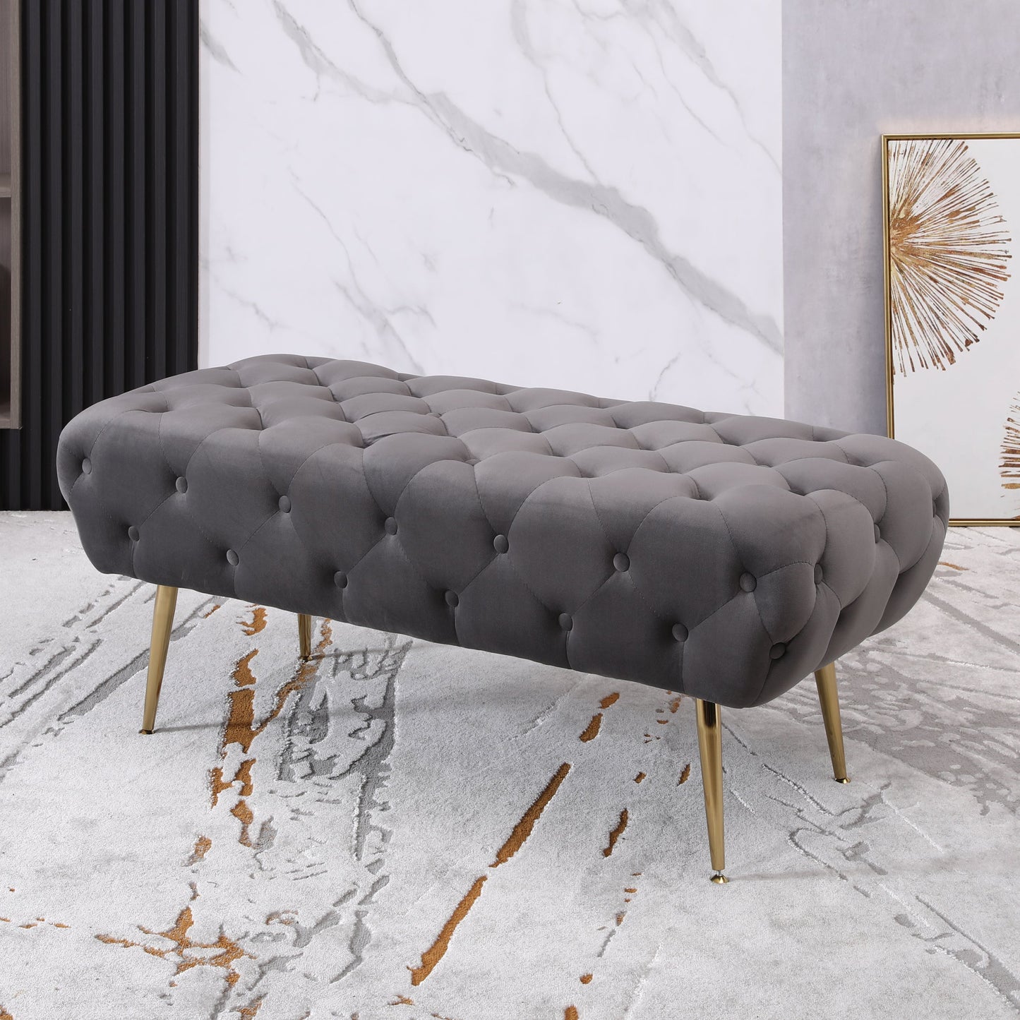 Sira Velvet Button Tufted Bench with Gold Metal Legs, Gray