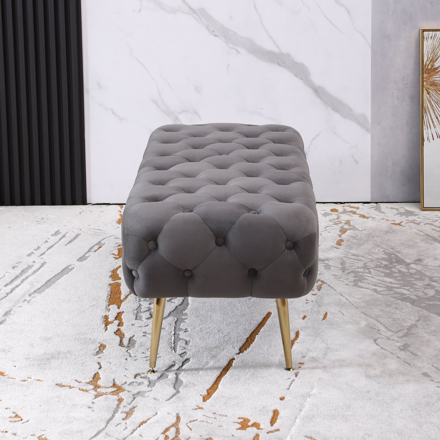 Sira Velvet Button Tufted Bench with Gold Metal Legs, Gray