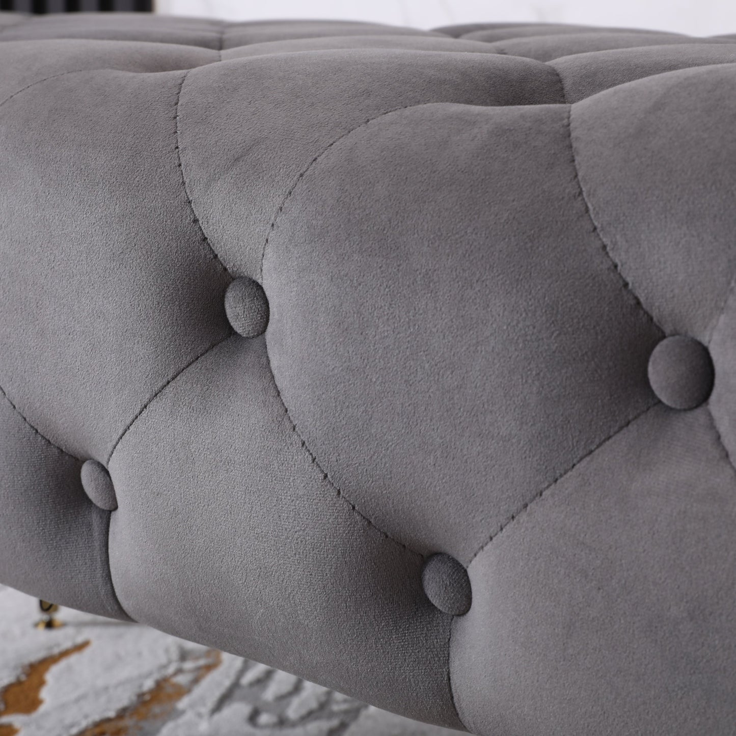 Sira Velvet Button Tufted Bench with Gold Metal Legs, Gray