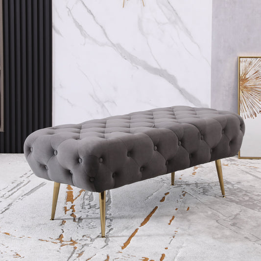 Sira Velvet Button Tufted Bench with Gold Metal Legs, Gray