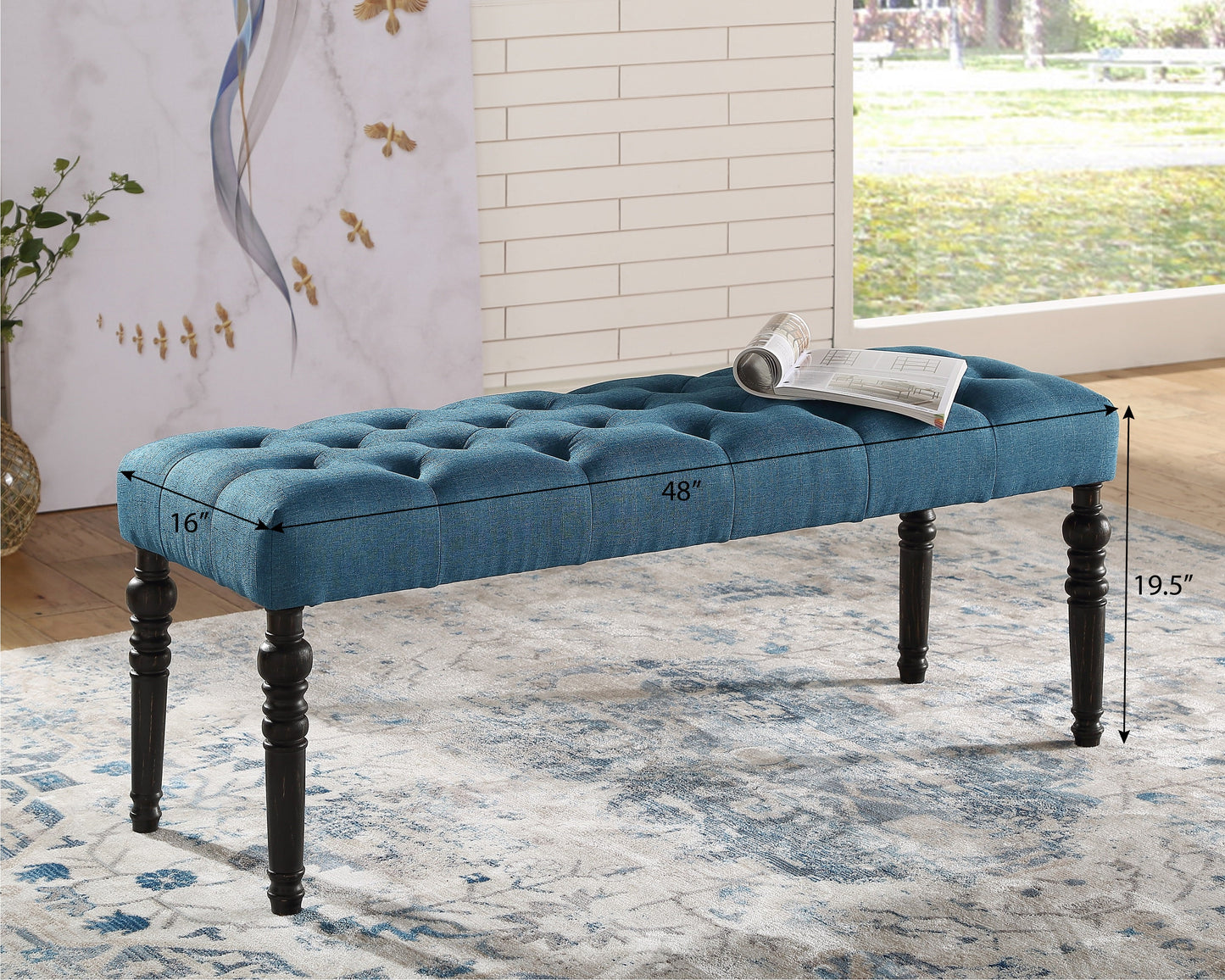 Leviton Fabric Tufted Turned Leg Dining Bench, Blue