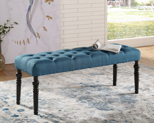 Leviton Fabric Tufted Turned Leg Dining Bench, Blue