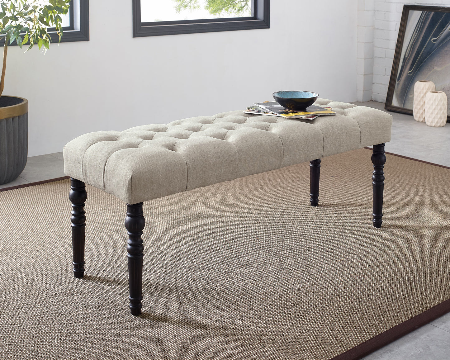 Leviton Fabric Tufted Turned Leg Dining Bench, Tan