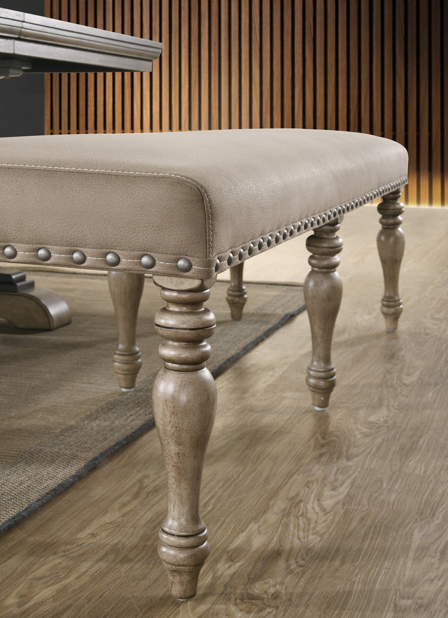 Birmingham Microfiber Upholstered Bench with Nail Head Trim in Driftwood Finish