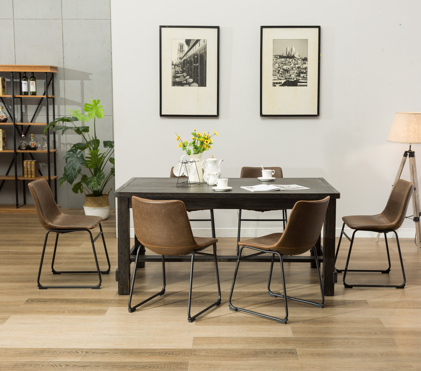 Lotusville 7-Piece Antique Black Finish Wood Dining Table with 6 Brown Faux Leather Chairs Set