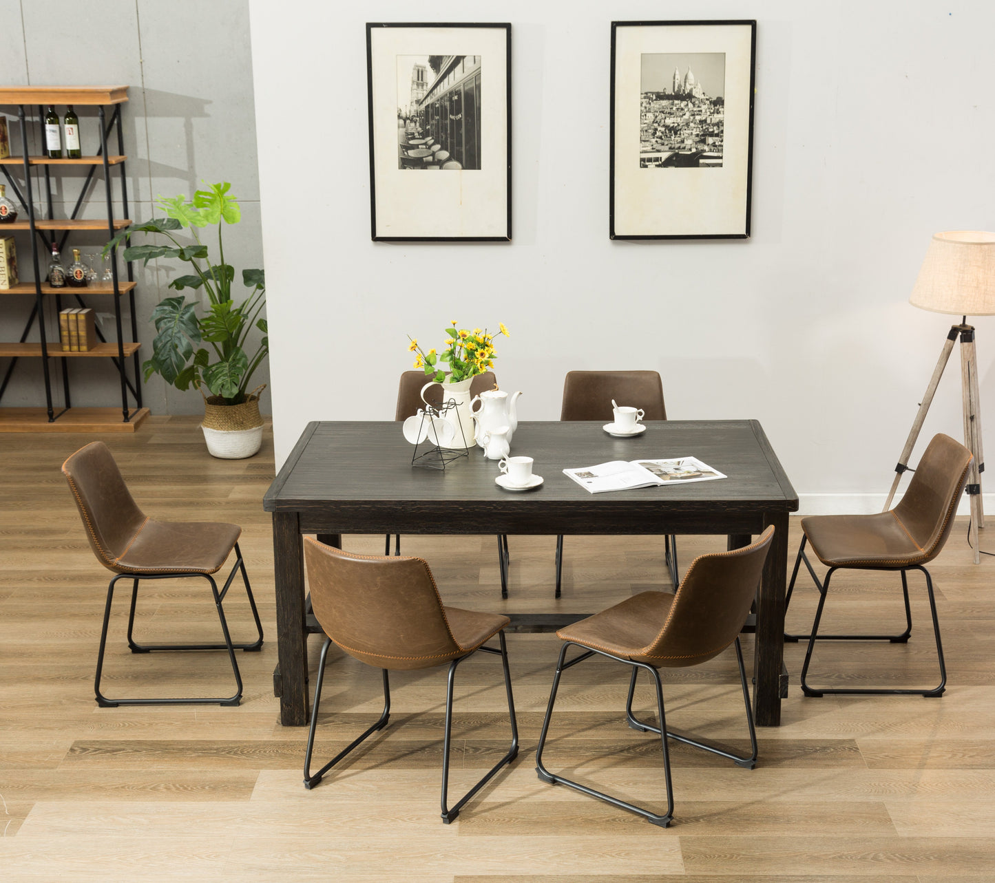 Lotusville 7-Piece Antique Black Finish Wood Dining Table with 6 Brown Faux Leather Chairs Set