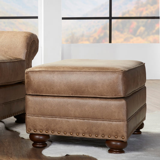 Leinster Faux Leather Ottoman with Antique Bronze Nailheads in Jetson Ginger
