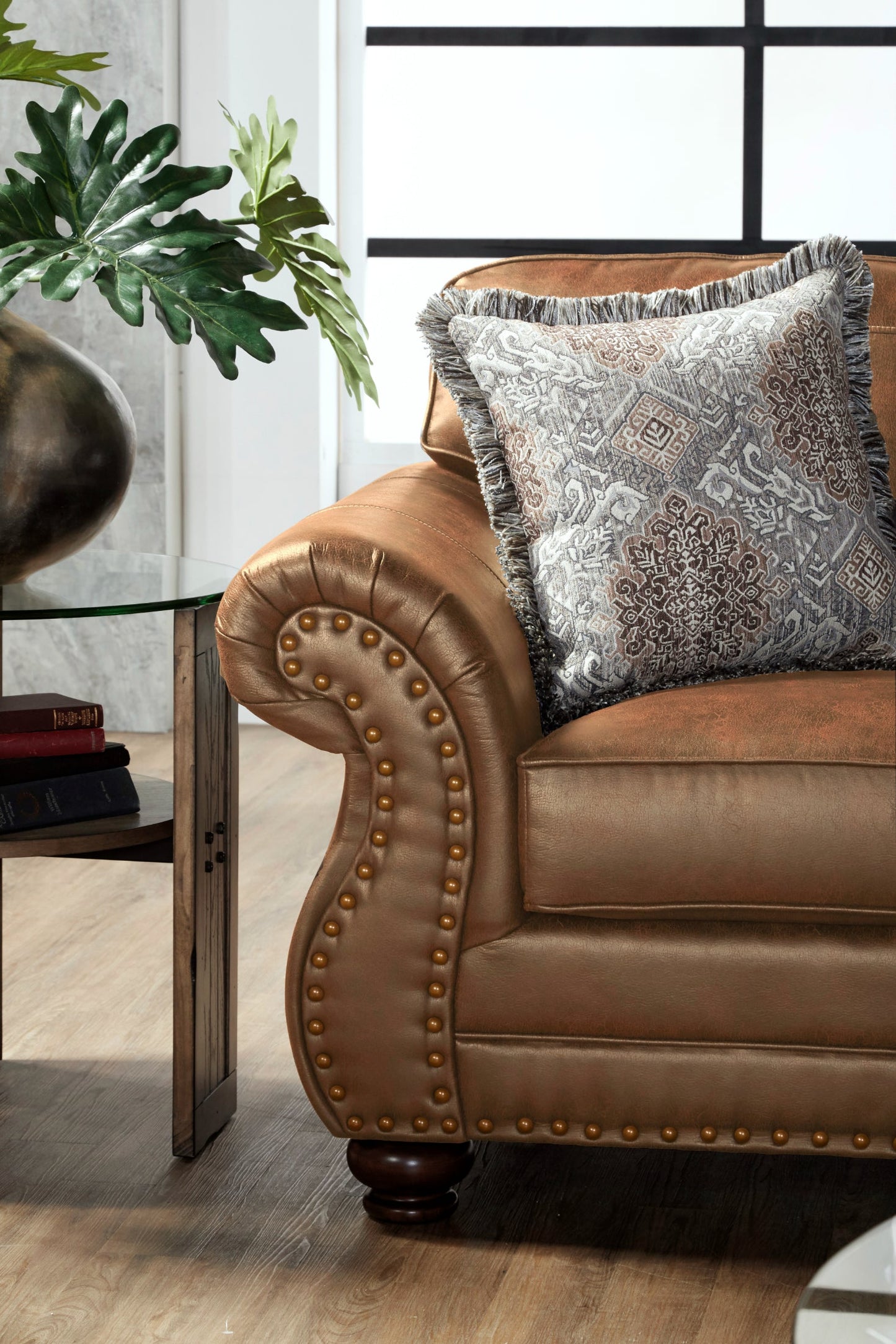 Leinster Faux Leather Sofa with Antique Bronze Nailheads in Jetson Ginger