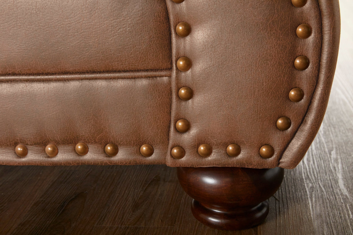 Leinster Faux Leather Sofa with Antique Bronze Nailheads in Jetson Ginger