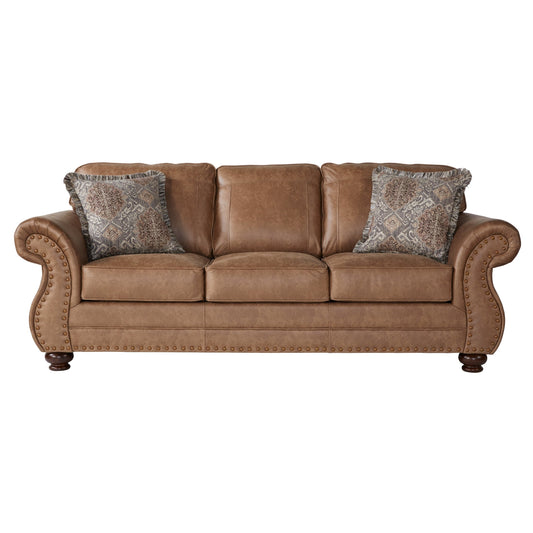 Leinster Faux Leather Sofa with Antique Bronze Nailheads in Jetson Ginger