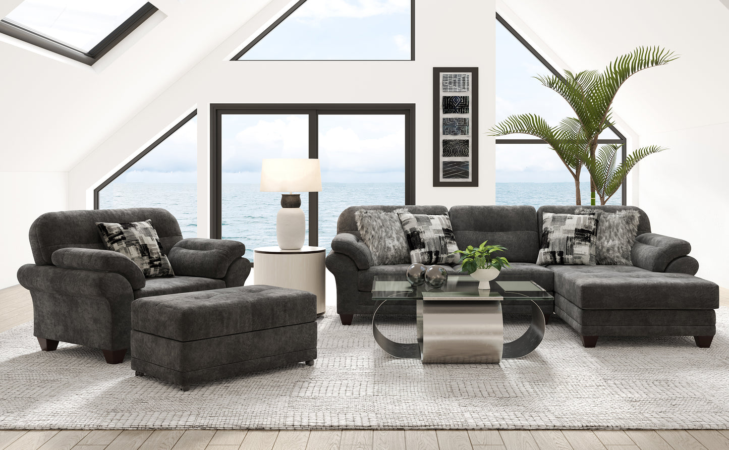 Bonarse Fabric Sectional Sofa with Chair and Ottoman Set in Wonderland Slate