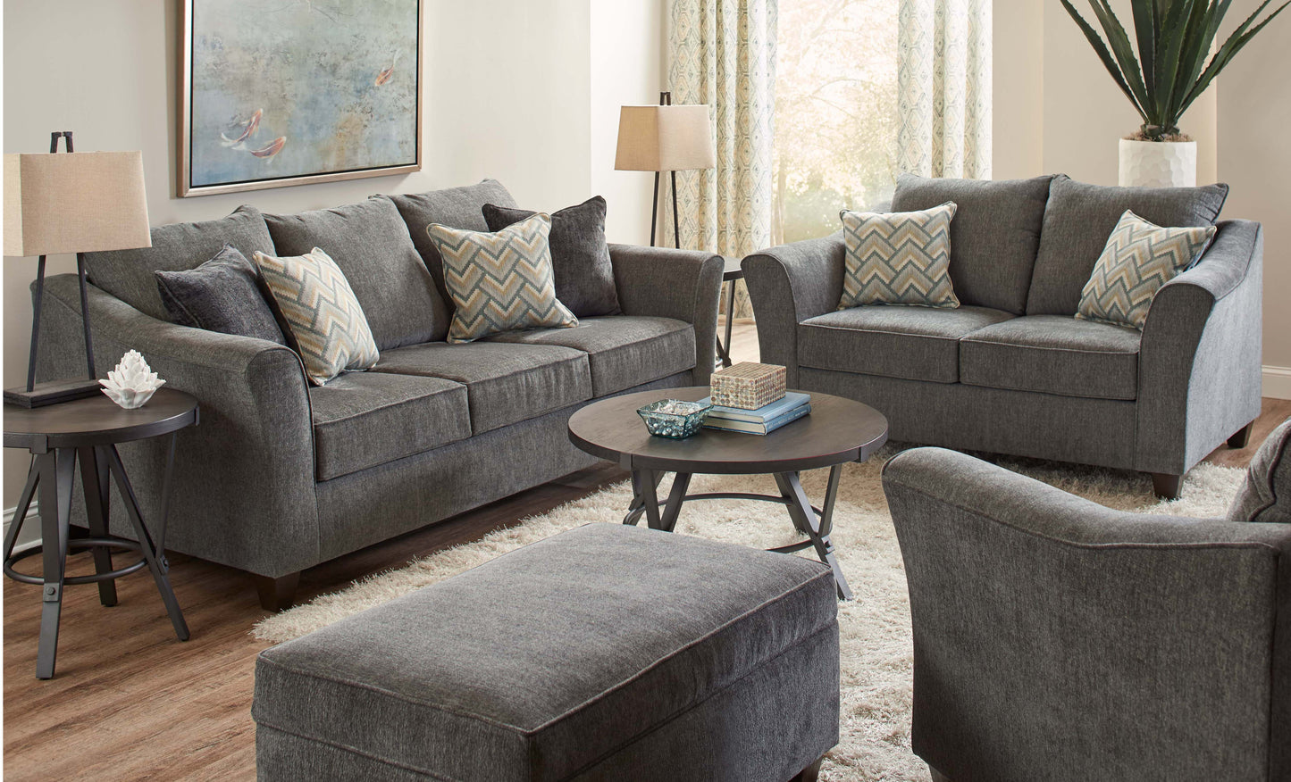 Sorpre Transitional Style Fabric Pillow Back Living Room Collection, Charcoal