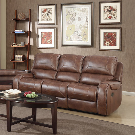 Achern Brown Leather Air Nailhead Reclining Sofa with Storage Console and USB Port