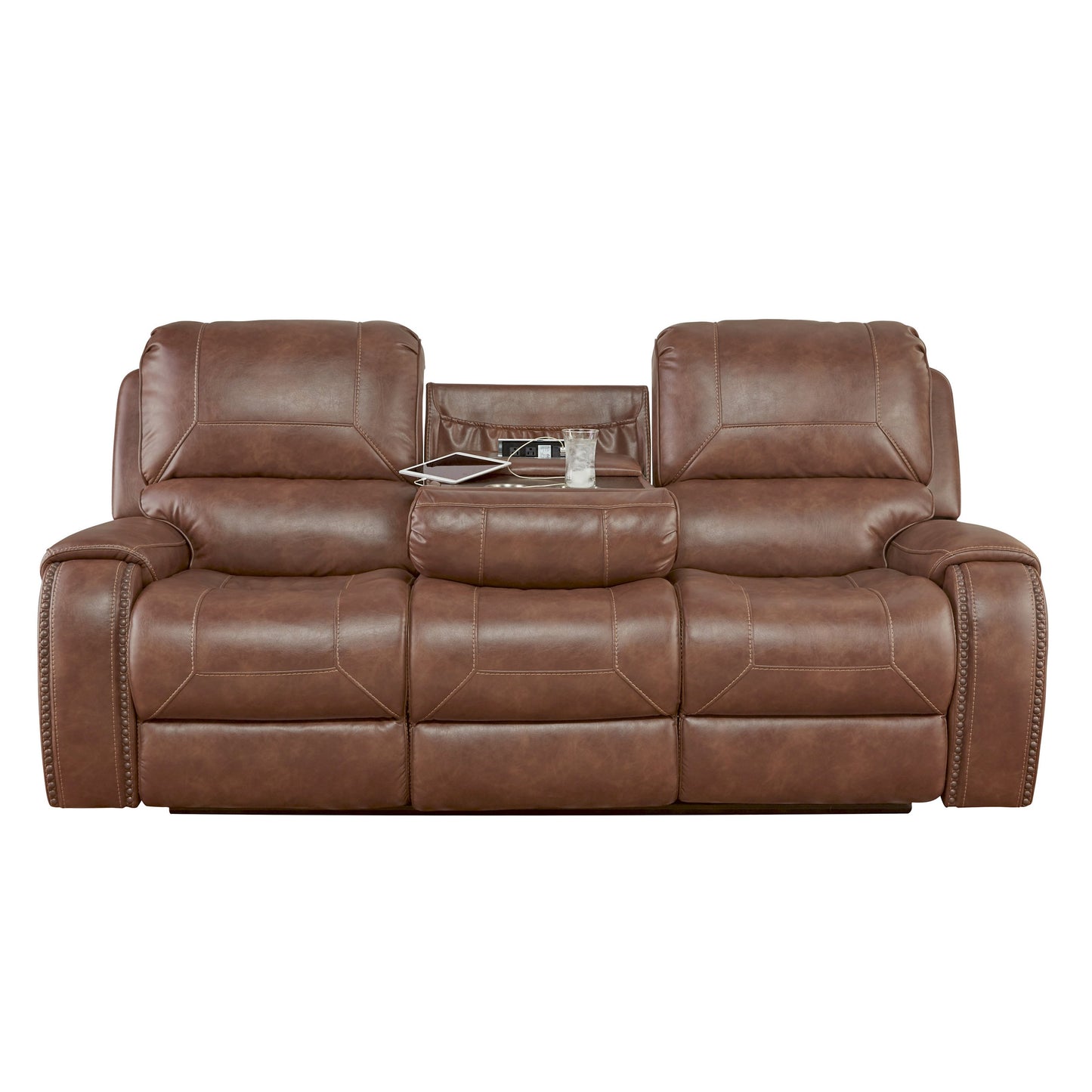 Achern Brown Leather Air Nailhead Reclining Sofa with Storage Console and USB Port