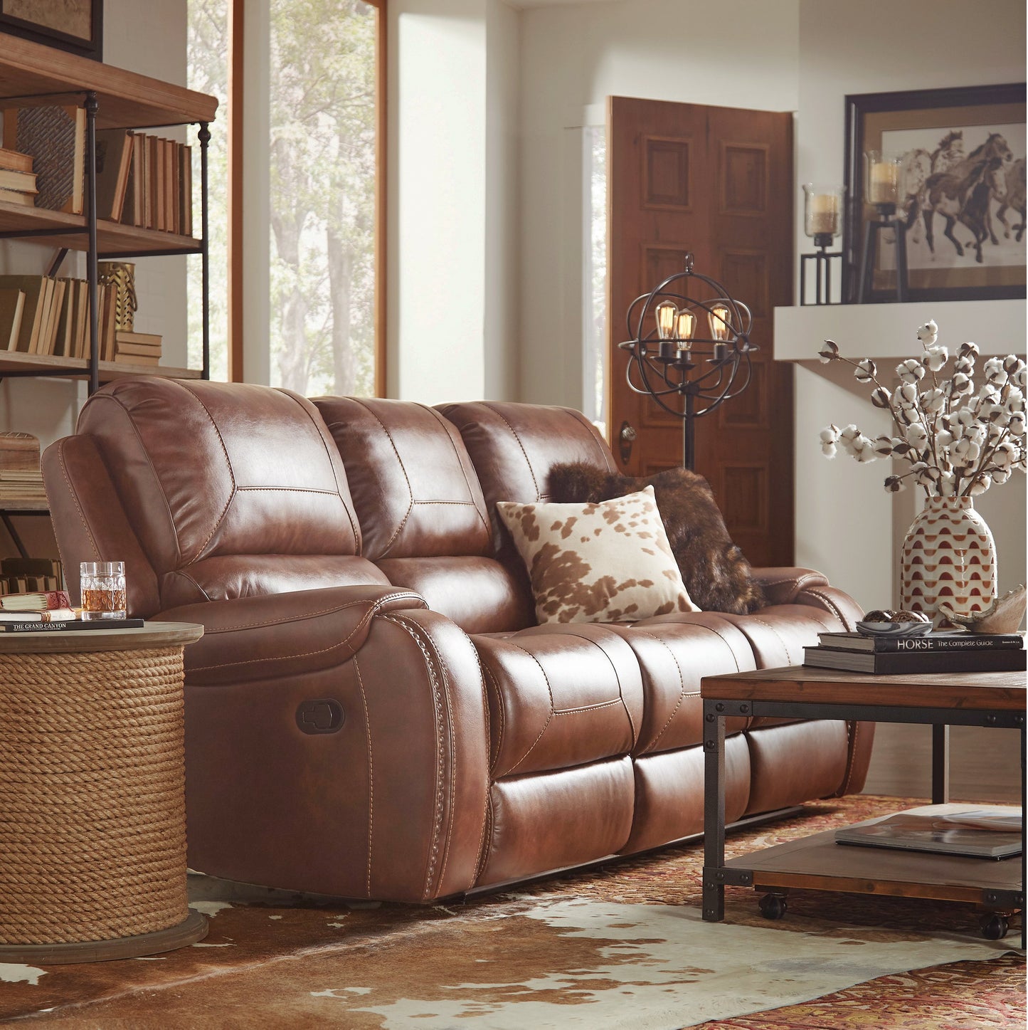 Achern Brown Leather Air Nailhead Reclining Sofa with Storage Console and USB Port