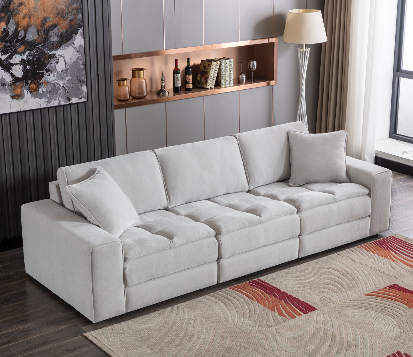 Breton Contemporary Fabric Tufted Sofa with Ottoman, Oyster