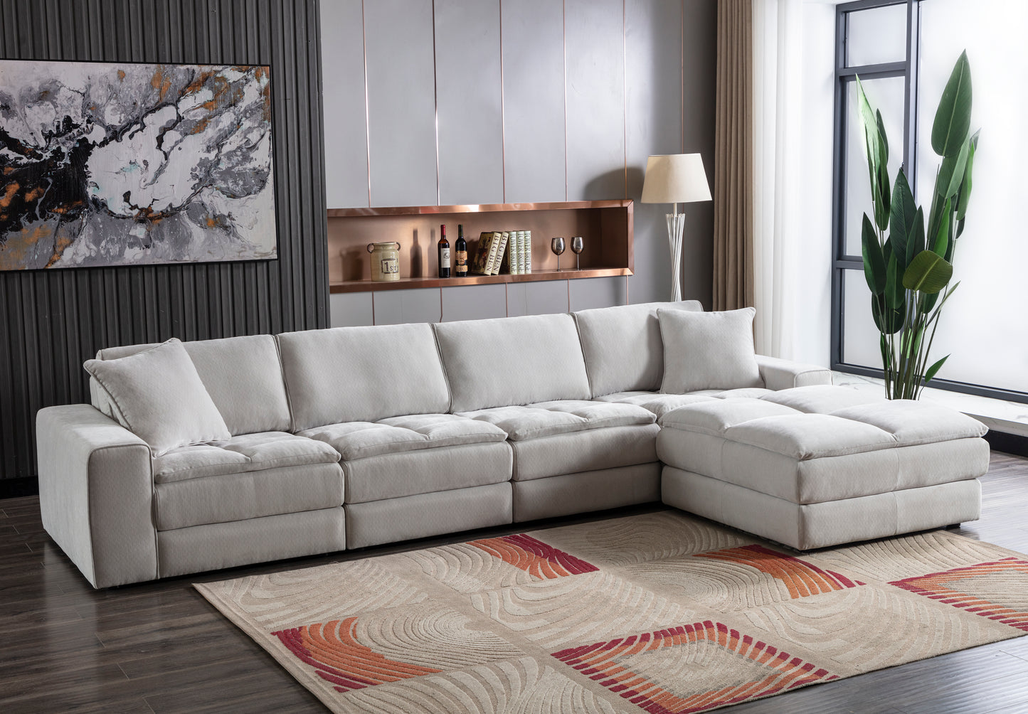 Breton Contemporary Fabric Tufted 5 Piece Sectional Sofa, Oyster