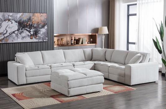 Breton Contemporary Fabric Tufted Modular Sectional Sofa with Ottoman, Oyster