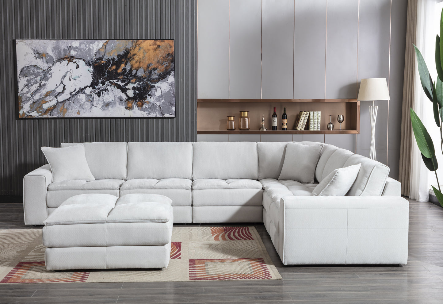 Breton Contemporary Fabric Tufted Modular Sectional Sofa with Ottoman, Oyster