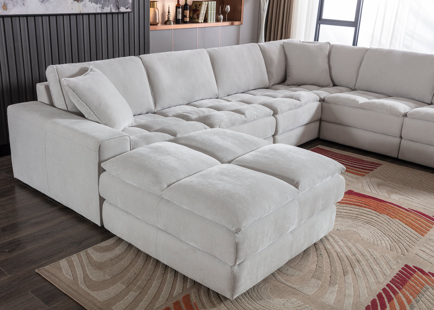 Breton Contemporary Fabric Tufted Modular Sectional Sofa with Ottoman, Oyster
