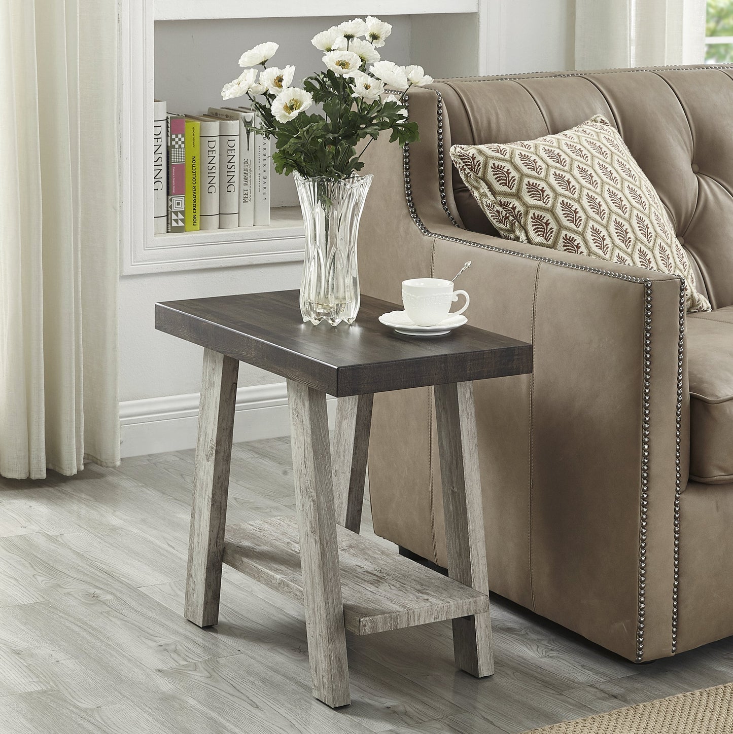 Athens Contemporary Two-Tone Wood Shelf Side Table in Weathered Walnut and Gray