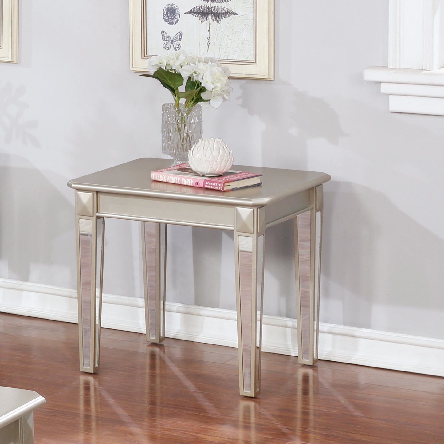 Barent Contemporary Wood End Table with Mirrored Legs, Champagne