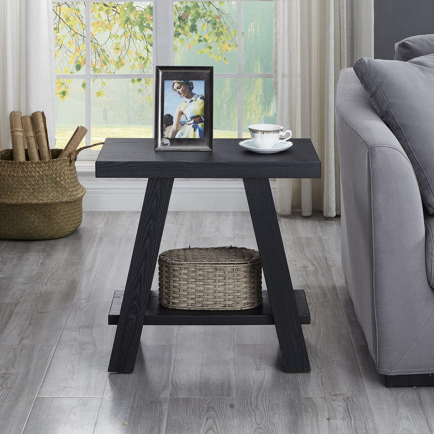 Athens Contemporary Wood Shelf Side Table in Black Finish