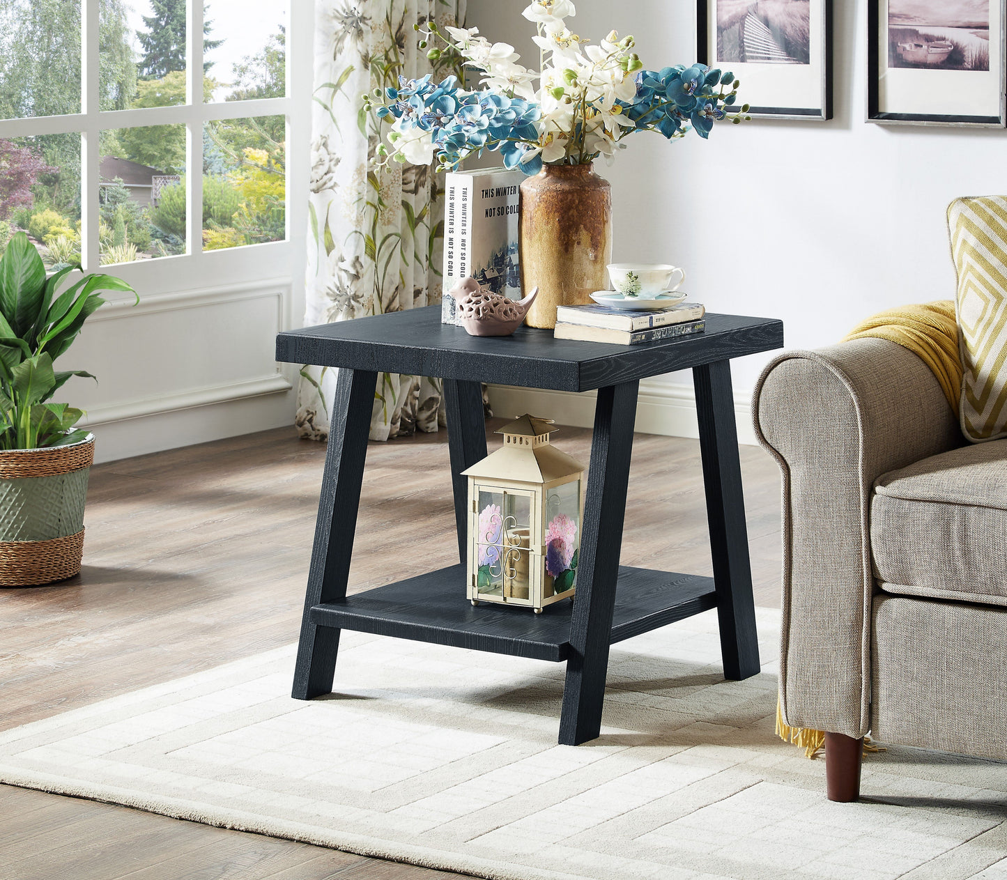 Athens Contemporary Replicated Wood Shelf End Table in Black Finish