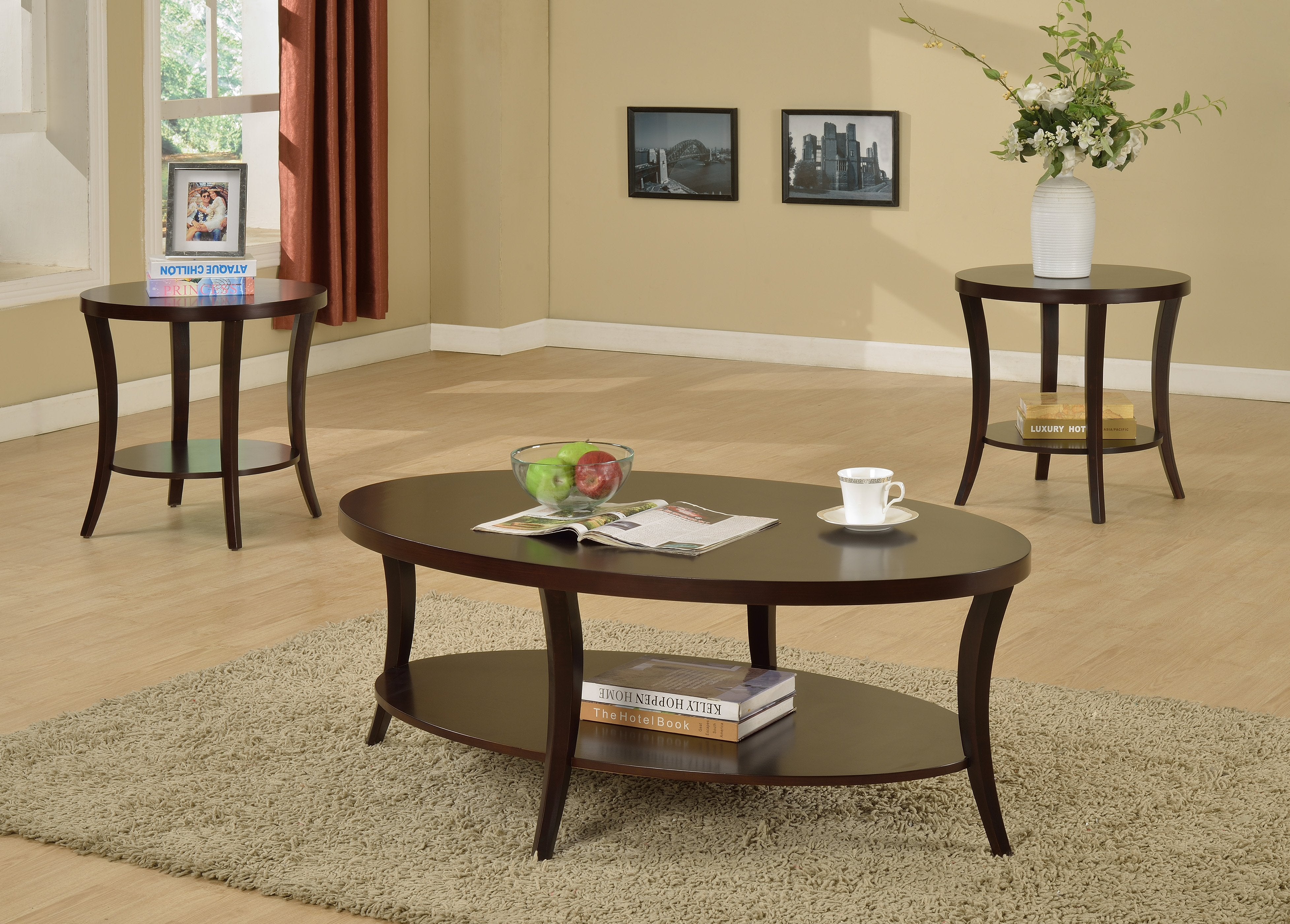 Perth 3-Piece Espresso Oval Coffee Table with End Tables Set 