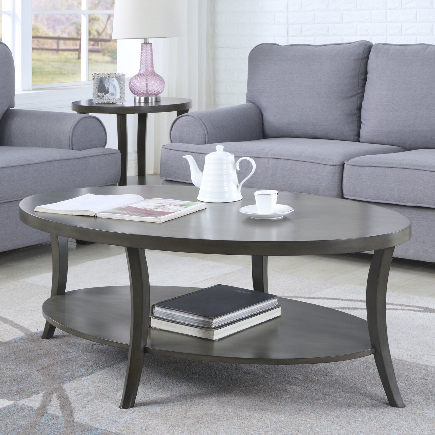 Perth Contemporary Oval Shelf Coffee Table Set, Gray
