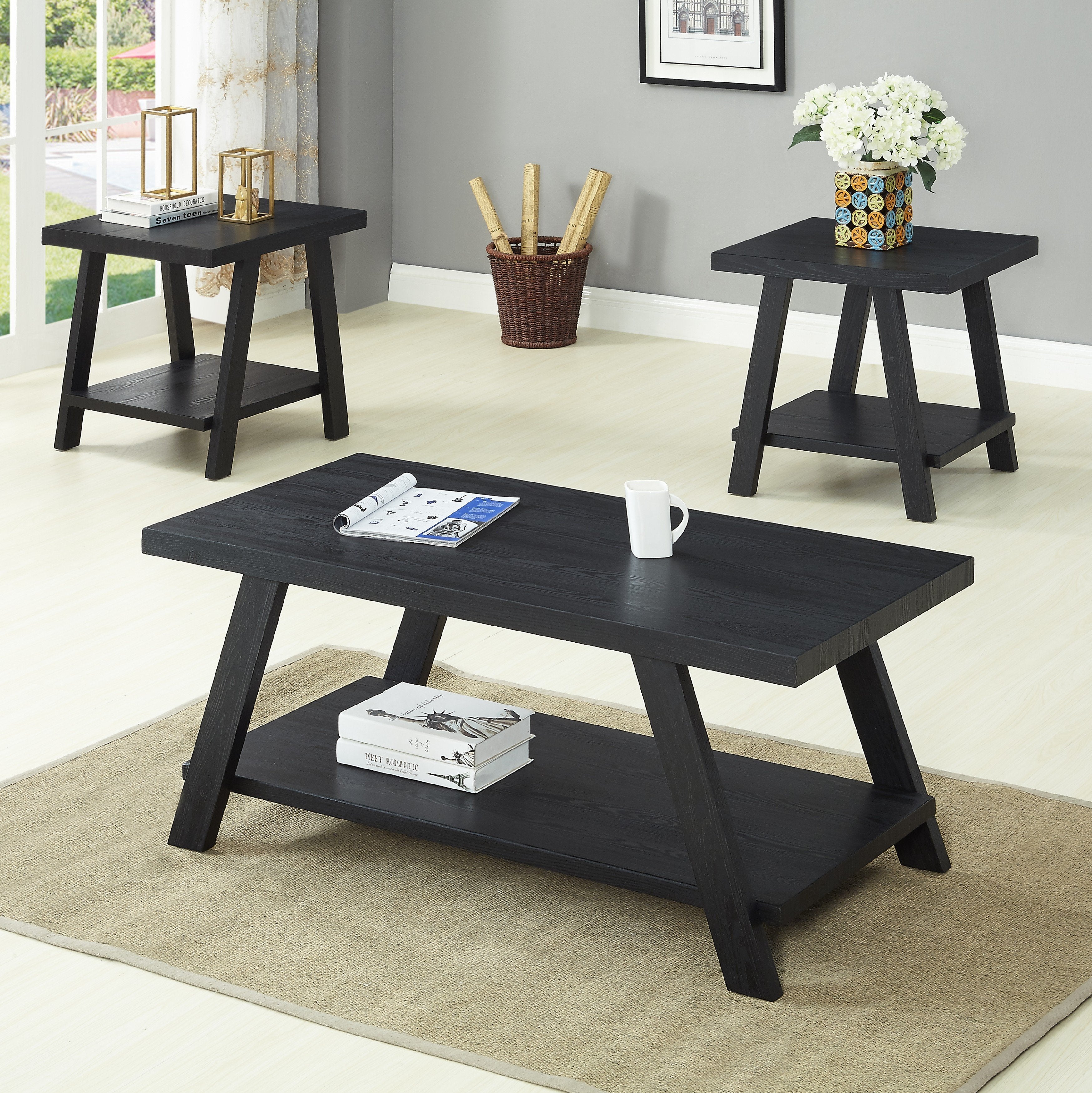 Athens Contemporary Replicated Wood Shelf Coffee Set Table in