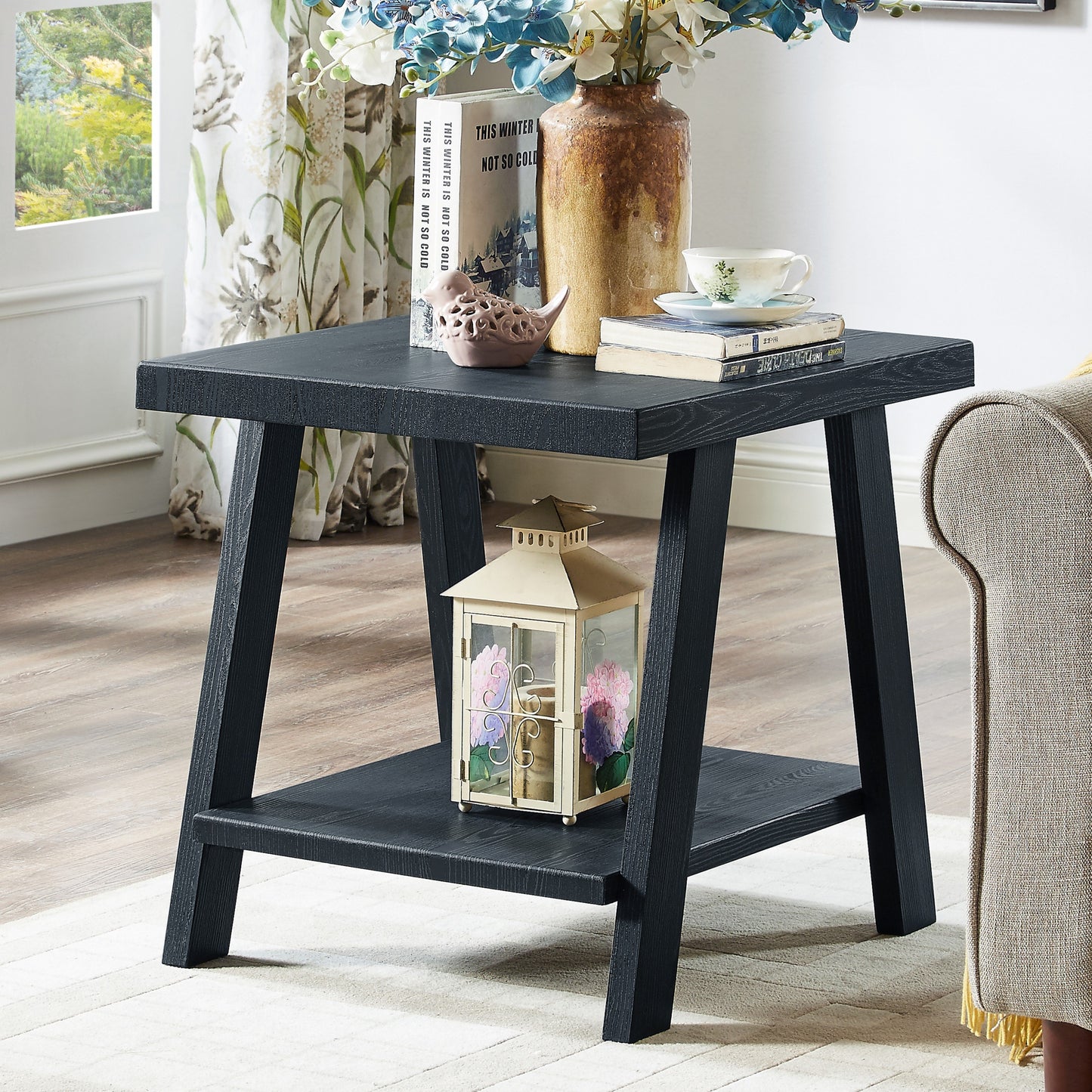 Athens Contemporary Replicated Wood Shelf Coffee Set Table in Black Finish