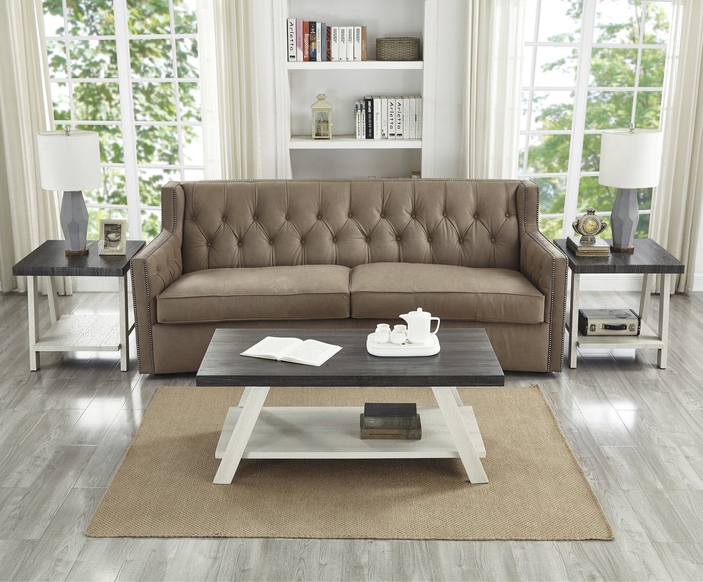 Athens Contemporary 3-Piece Wood Shelf Coffee Table Set in Weathered Charcoal and Beige